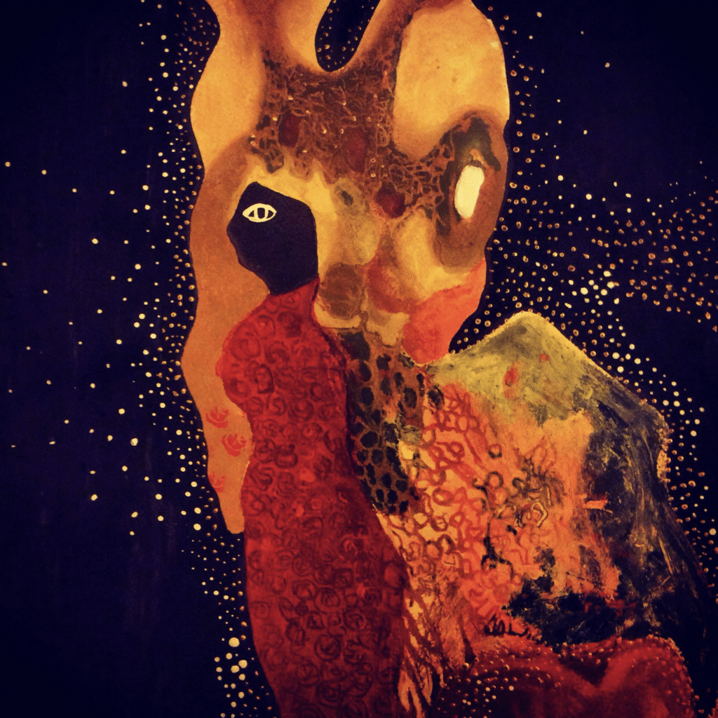 Abstract painting of two stylized figures in orange and red tones against a dark, dotted background.