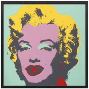 Pop-art portrait of Marilyn Monroe with yellow hair, pink face, mint eyeshadow, and red lips in a black frame.